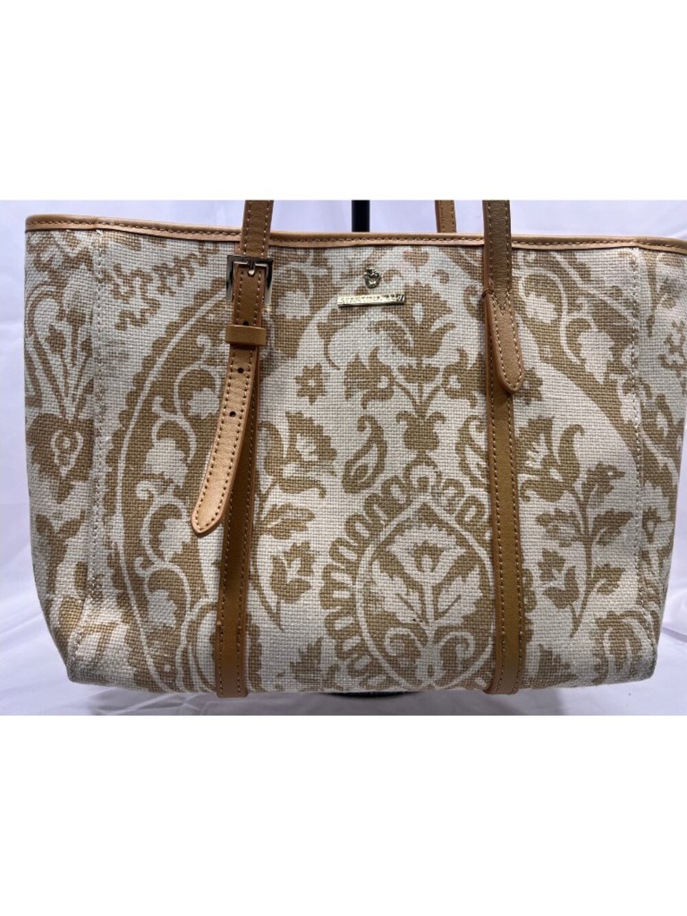 Spartina 449 Daufuskie Island Linen Leather Tote Bag Tan Cream Paisley